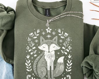 Boho Fox Sweatshirt, Cottagecore Forest Animal Graphic Crewneck