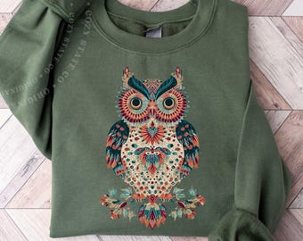 Boho Owl Sweatshirt, Colorful Owl Lover Gift, Vintage Boho Crewneck, Nature Lover Sweater, Cozy Animal Sweatshirt, Forest Aesthetic Top