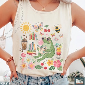 Comfort Colors Frosch-Tanktop, Tanktop für Bücherwürmer, süßes Frosch-Shirt für Bücherfreunde, Sommer-Lese-Tanktop, Geschenkidee für Froschliebhaber