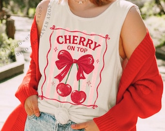 Cherry On Top Tank Top, Coquette Cherry Bow Tank, Cute Cherry Graphic Tank, Girly Summer Outfit, Boutique Style Top