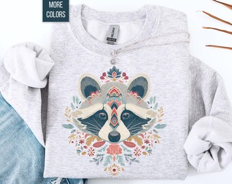 Boho Raccoon Sweatshirt, Cute Raccoon Lover Gift, Woodland Animal Sweater, Wildflowers Crewneck, Cozy Boho Aesthetic Sweatshirt