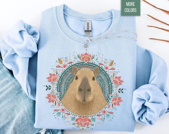 Boho Capybara Sweatshirt, Mandala Capybara Lover Gift, Cute Wildflowers Sweater, Cozy Boho Aesthetic Crewneck, Nature Lover Capybara Top