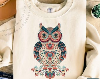 Boho Owl Sweatshirt, Colorful Owl Lover Gift, Vintage Boho Crewneck, Nature Lover Sweater, Cozy Animal Sweatshirt, Forest Aesthetic Top