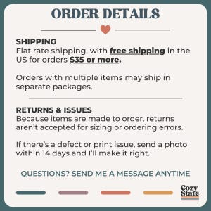May include: A teal-colored graphic with the text "ORDER DETAILS" at the top, followed by information about shipping and returns. The text includes "free shipping" and "send me a message anytime."