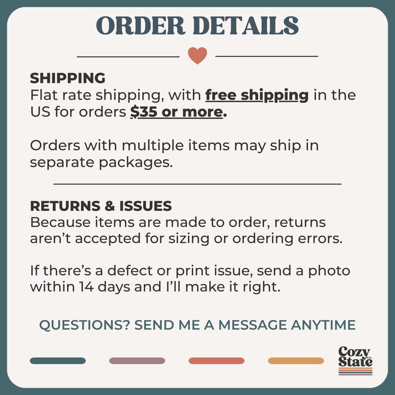 May include: A teal-colored graphic with the text "ORDER DETAILS" at the top, followed by information about shipping and returns. The text includes "free shipping" and "send me a message anytime."
