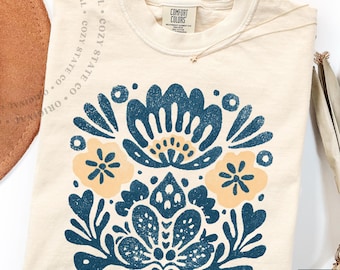 Folk Floral Graphic Tee, Vintage Botanical Cottagecore Shirt