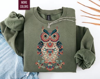Boho Owl Sweatshirt, Colorful Owl Lover Gift, Vintage Boho Crewneck, Nature Lover Sweater, Cozy Animal Sweatshirt, Forest Aesthetic Top