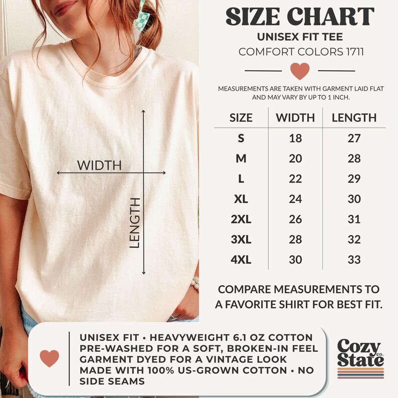 K&ouml;nnte beinhalten: Ein cremefarbenes Kurzarm-T-Shirt mit einer Gr&ouml;&szlig;entabelle. Die Tabelle listet die Gr&ouml;&szlig;en S bis 4XL mit den entsprechenden Breiten- und L&auml;ngenma&szlig;en in Zoll auf. Der Text enth&auml;lt Unisex Fit, Comfort Colors 1711 und Produktdetails.