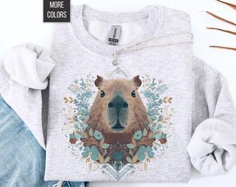 Boho Capybara Sweatshirt, Floral Capybara Lover Gift, Woodland Animal Sweater, Cozy Boho Aesthetic Crewneck, Nature Lover Capybara Top