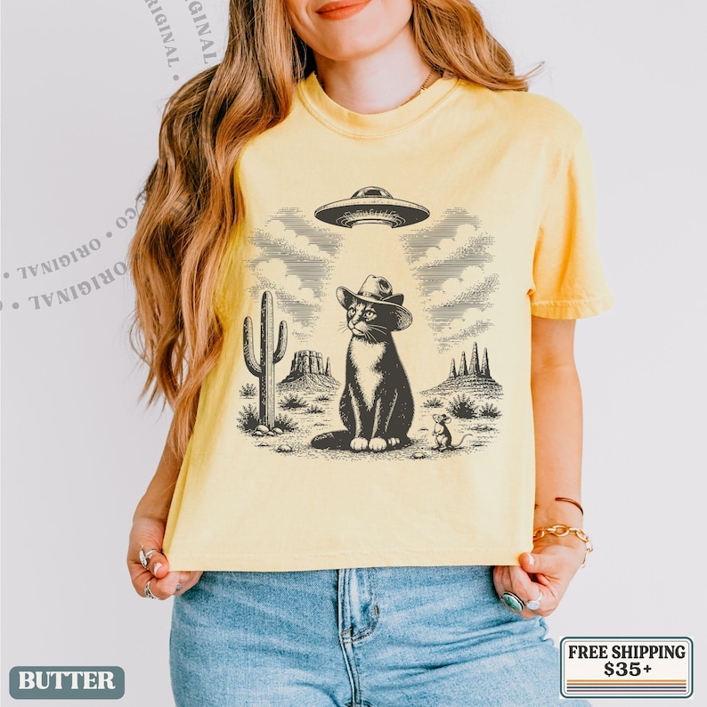 Retro-Tanktop mit UFO-Katze, lustiges Alien-Katzen-Tanktop, Tanktop mit Western-Wüsten-Motiv, Vintage-Sci-Fi-Shirt, Sommergeschenk für Katzenliebhaber, Festival-Tanktop Bild 6