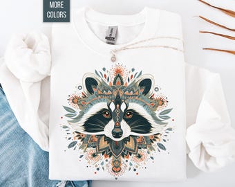 Boho Raccoon Sweatshirt, Mandala Raccoon Lover Gift, Woodland Animal Sweater, Boho Aesthetic Crewneck, Cute Nature Lover Top