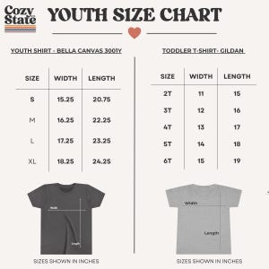 May include: A youth size chart for Bella Canvas 3001Y youth shirts and Gildan toddler t-shirts. The chart includes sizes, widths, and lengths in inches. The chart also includes illustrations of the shirts.