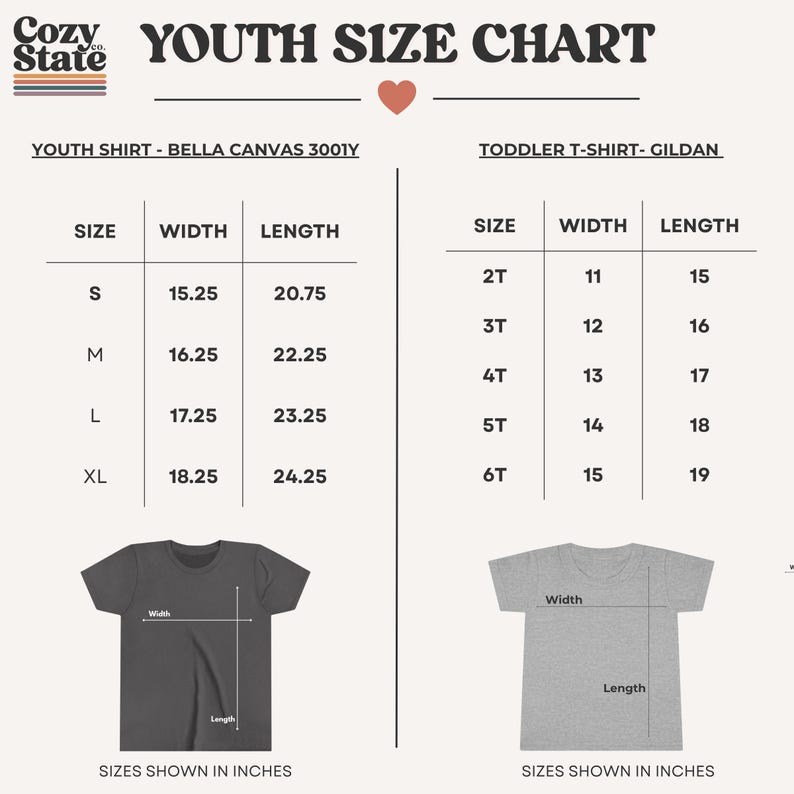 May include: A youth size chart for Bella Canvas 3001Y youth shirts and Gildan toddler t-shirts. The chart includes sizes, widths, and lengths in inches. The chart also includes illustrations of the shirts.