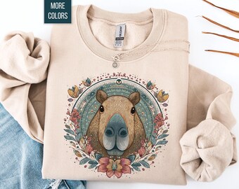 Boho Capybara Sweatshirt, Cute Capybara Lover Gift, Wildflowers Sweater, Cozy Boho Animal Crewneck, Capybara Aesthetic Top