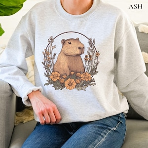 Floral Capybara Sweatshirt, Cottagecore Animal Lover Gift, Cute Capybara Sweater, Capybara Boho Aesthetic Crewneck, Cozy Animal Sweatshirt