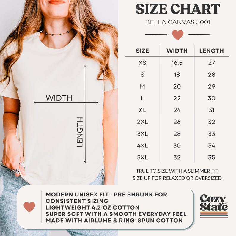 May include: A cream-colored t-shirt with a size chart, featuring measurements in inches, and the text "SIZE CHART BELLA CANVAS 3001." The chart includes sizes XS to 5XL. The shirt is made of lightweight 4.2 oz cotton.