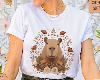 Cottagecore Capybara T-Shirt: Floral Botanical Tee, Cozy Animal Shirt