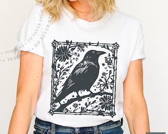 Vintage Raven T-Shirt: Gothic Crow in Floral Frame, Dark Academia Cotton Tee