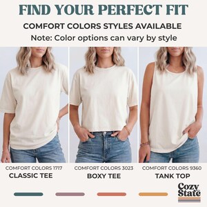 K&ouml;nnte beinhalten: Drei cremewei&szlig;e Oberteile mit dem Text: FIND YOUR PERFECT FIT, COMFORT COLORS STYLES AVAILABLE, Note: Color options can vary by style. Die Modelle sind beschriftet als COMFORT COLORS 1717 CLASSIC TEE, COMFORT COLORS 3023 BOXY TEE und COMFORT COLORS 9360 TANK TOP.