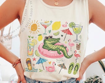 Funny Summer Alligator Tank Top, Beach Vacation Tee, Cute Gator Graphic Shirt, Boho Summer Top, Gift For Her, Trendy Coastal Beachwear