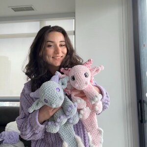 Crochet Dragon Stuffed Animal - Handmade Pink/Grey Snuggler Plushie