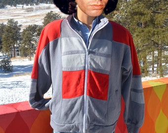 vintage 70s track jacket STRIPE warm-up soft gray red Medium 80s preppy