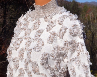 vintage 80's women sweater FRINGE mock turtleneck knit faux fur Medium