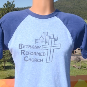 vintage 70s tee BETHANY church raglan ringer t-shirt Small Medium