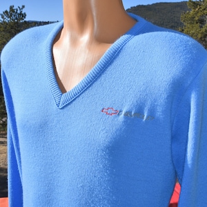 vintage 80s sweater CHEVROLET chevy golf v-neck blue Medium