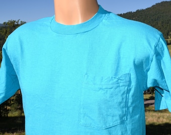 vintage 80s t-shirt POCKET plain blank teal tee Large Medium cotton fruit loom