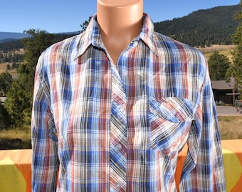 vintage 70s women blouse WESTERN plaid button down shirt lurex Medium 13 14 exclusive imports