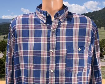 vintage 70s shirt PLAID button down country touch blue XL Large preppy 80s