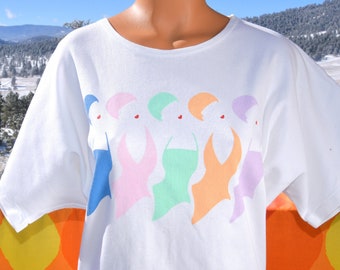 vintage 80s women t-shirt rainbow POOL bathing beach coverup todd long tee dress Large