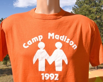 vintage 90s t-shirt CAMP MADISON orange tee Medium russell