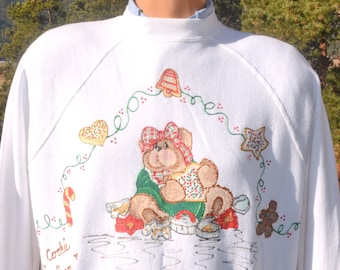 vintage 80s ugly christmas sweatshirt COOKIE BEAR Large Medium crewneck