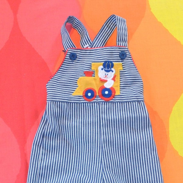 vintage 70s overalls HEALTH-TEX train hickory stripe baby boys 3 mos