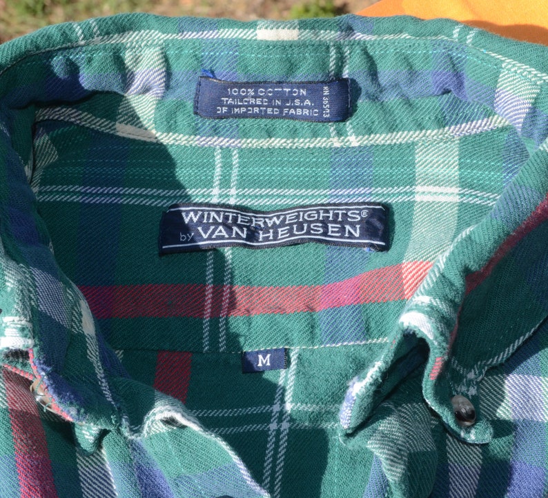 vintage 80s plaid FLANNEL shirt button down green van heusen Medium preppy