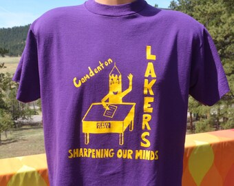 vintage 90s tee shirt LAKERS camdenton pencil sharpen minds wtf purple t-shirt Large Medium