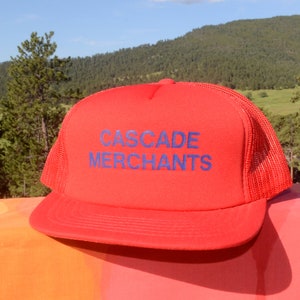 vintage 80s trucker cap CASCADE MERCHANTS snapback baseball hat red