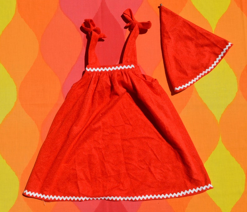 vintage 70s baby girl dress HOLIDAY christmas elf matching hat bells red velour 2T 3T toddler 80s