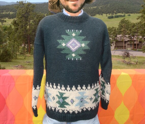 Vintage 90s Sweater YETI Wool Ski Nepal Hand Knit Native Large