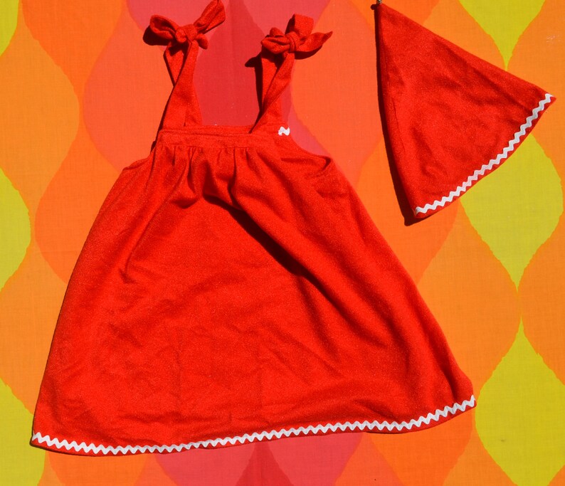 vintage 70s baby girl dress HOLIDAY christmas elf matching hat bells red velour 2T 3T toddler 80s
