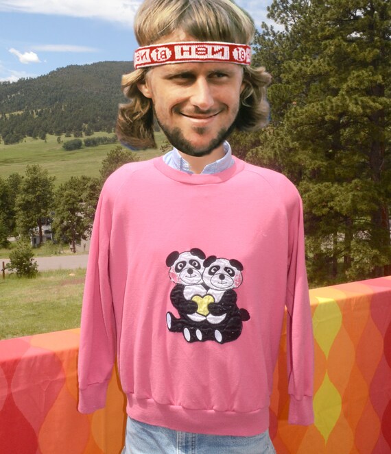 Vintage 80s Crewneck Sweatshirt PANDA Bears Animal Love Medium