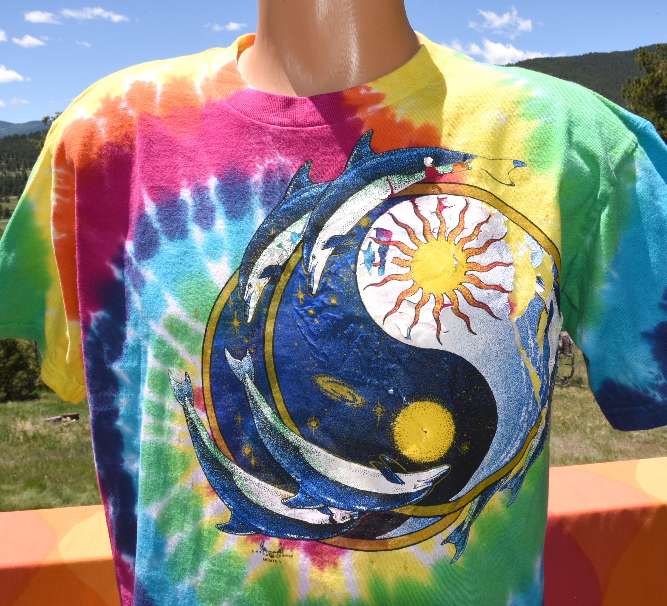Vintage 80s T-shirt Tie Dye OCEAN CITY Spiral Rainbow Tee Medium