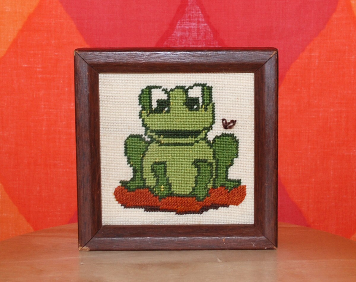 vintage 70s needlepoint FROG on lilypad framed ART wall Etsy