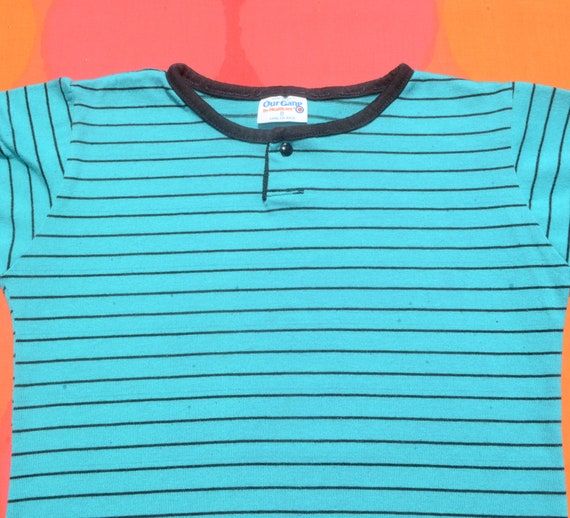 vintage 80s kid t-shirt STRIPES teal henley healt… - image 2