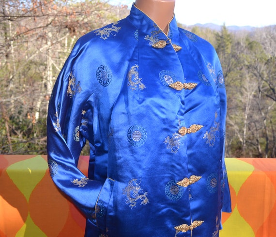Vintage 70s Blue Kimono Robe: Nat Allen, Gold Dra… - image 2