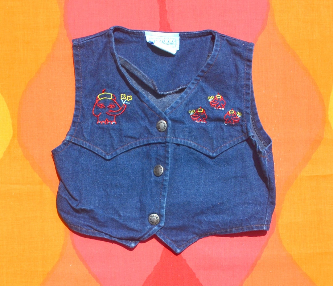 Vintage 70s Kid Denim Vest ELEPHANTS Embroidery Jean Western - Etsy