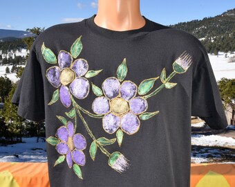 vintage 80s t-shirt DAISY thistle flower floral hand paint art wtf tee Large Medium screen stars