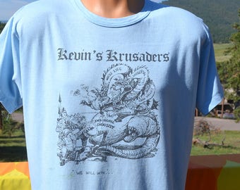 80s vintage tee KEVIN krusaders insurance anti corruption t-shirt Large XL blue wtf